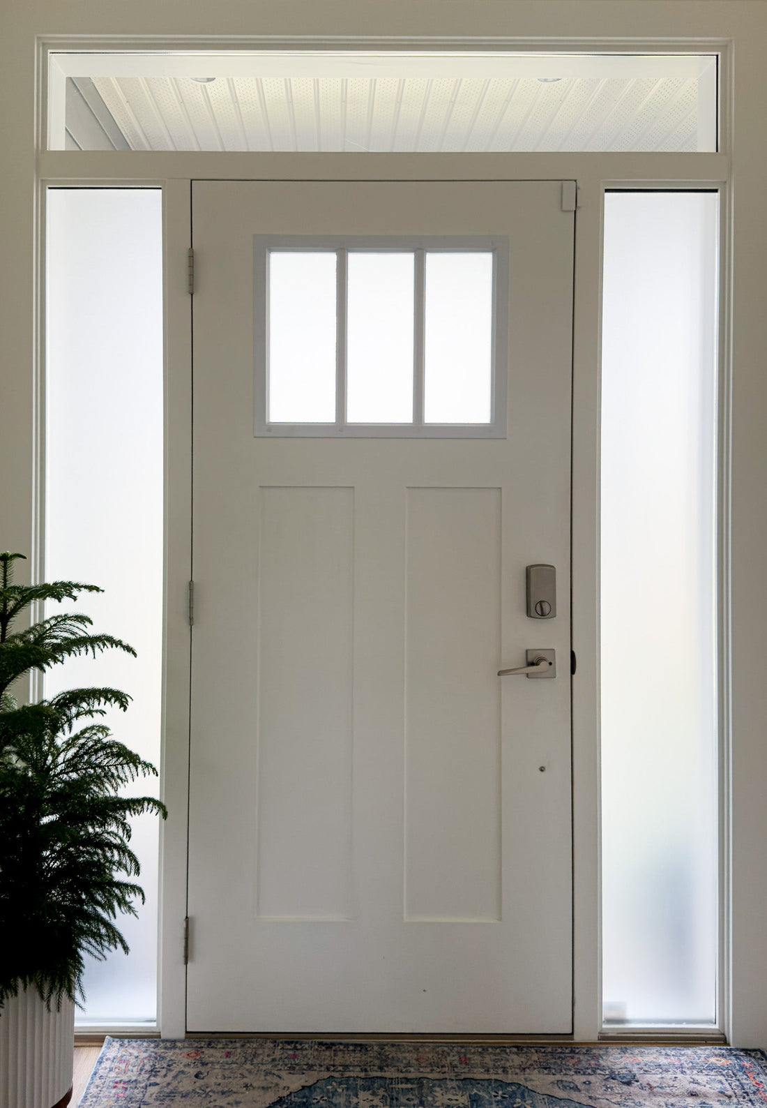 Front door after Smooth Satin Frosted privacy film on the sidelights and door window, view blocked and light still coming in