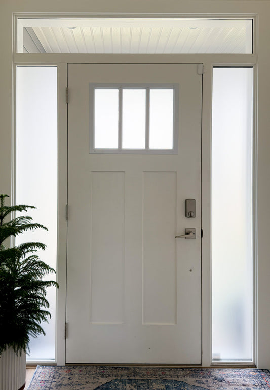Front door after Smooth Satin Frosted privacy film on the sidelights and door window, view blocked and light still coming in