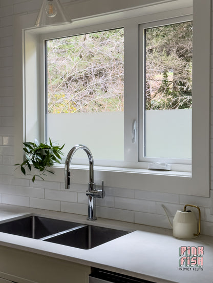 Modern kitchen with a double sink, faucet, and window with frosted glass.