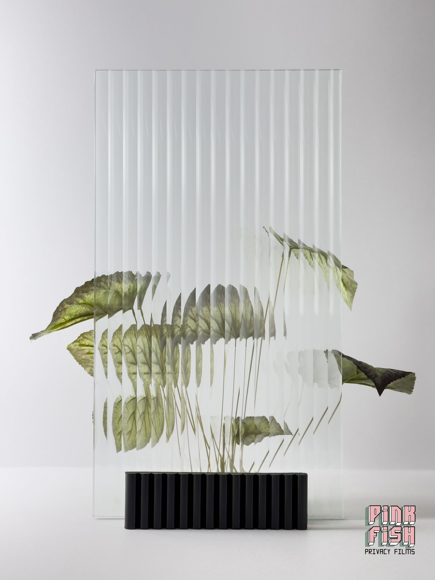 Reeded glass window film on glass partition in front of plant with Pink Fish Privacy Film branding