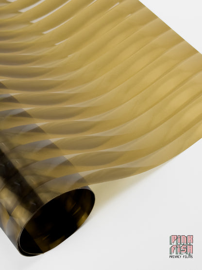 Roll of Amber Brown reeded window film on a white background with 'Pink Fish Privacy Film' branding.